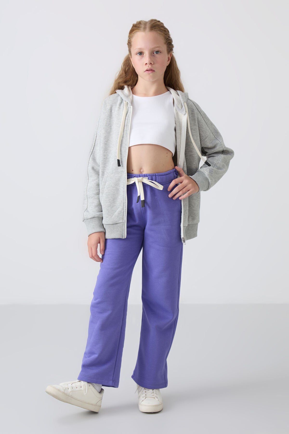 Light Blue Cotton Fleece-Lined Soft Textured Standard Fit Embroidered Girls' Tracksuit Bottom - 75146