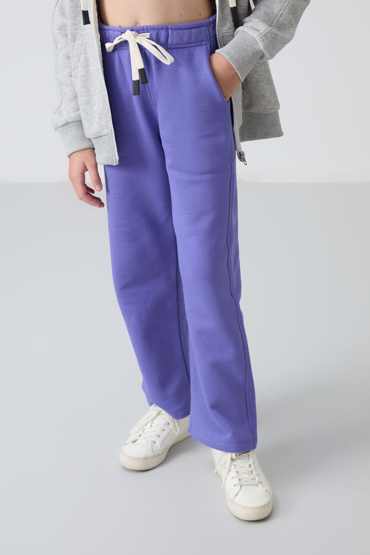 Light Blue Cotton Fleece-Lined Soft Textured Standard Fit Embroidered Girls' Tracksuit Bottom - 75146