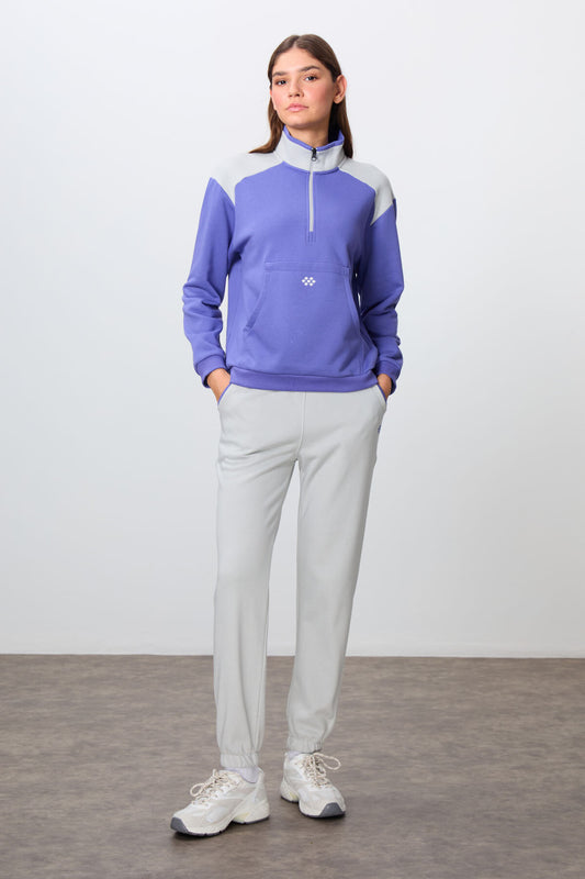 Plato-Stone Compact Cotton Thick Smooth Textured Stand Collar Oversize Fit Women's Tracksuit Set - 95342
