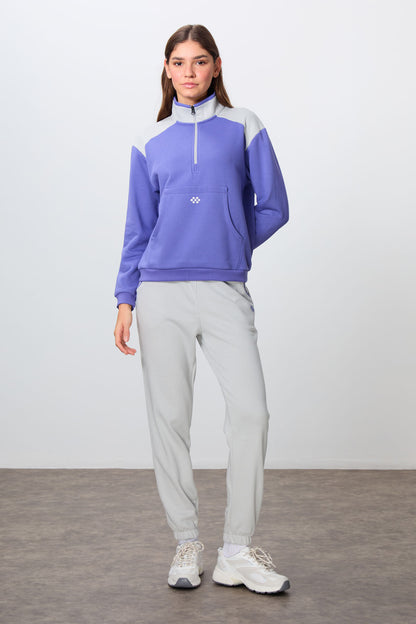 Plato-Stone Compact Cotton Thick Smooth Textured Stand Collar Oversize Fit Women's Tracksuit Set - 95342