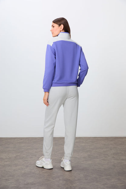 Plato-Stone Compact Cotton Thick Smooth Textured Stand Collar Oversize Fit Women's Tracksuit Set - 95342