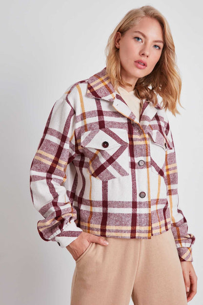 PLAID PATTERN POCKET CROP LUMBERJACK SHIRT