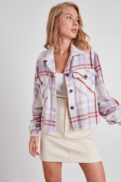 PLAID PATTERN POCKET CROP LUMBERJACK SHIRT