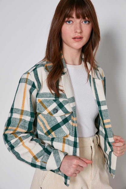 PLAID PATTERN POCKET CROP LUMBERJACK SHIRT