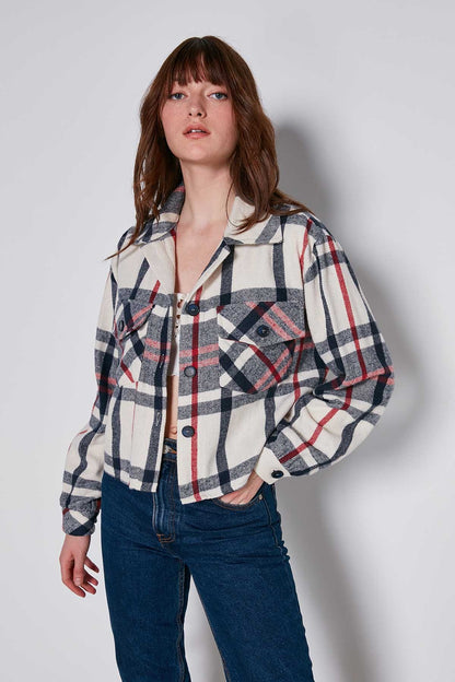 PLAID PATTERN POCKET CROP LUMBERJACK SHIRT