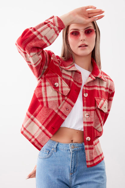 PLAID PATTERN POCKET CROP LUMBERJACK SHIRT