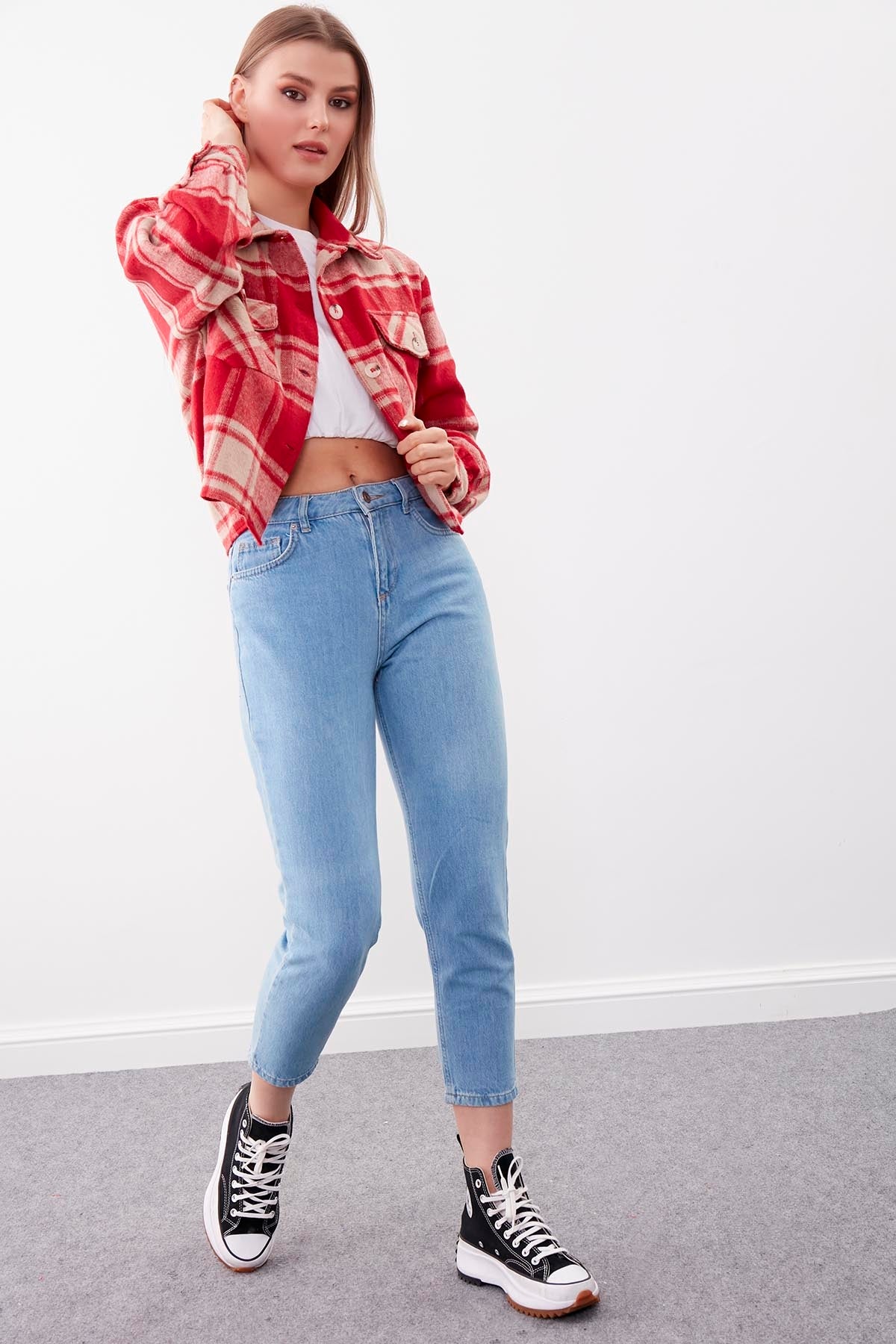 PLAID PATTERN POCKET CROP LUMBERJACK SHIRT