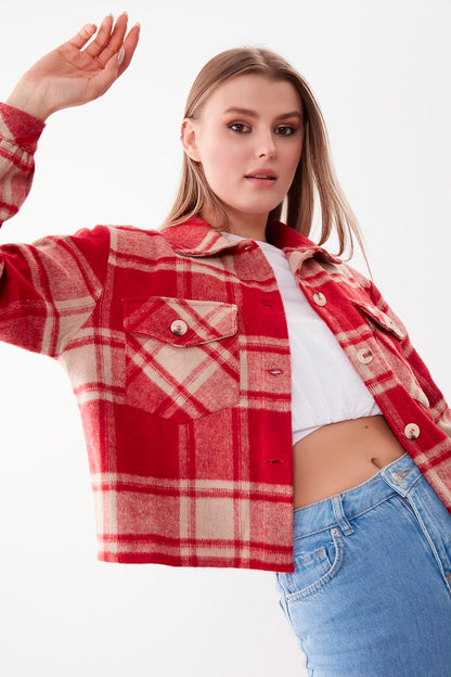 PLAID PATTERN POCKET CROP LUMBERJACK SHIRT