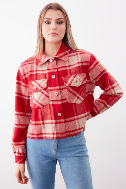 PLAID PATTERN POCKET CROP LUMBERJACK SHIRT