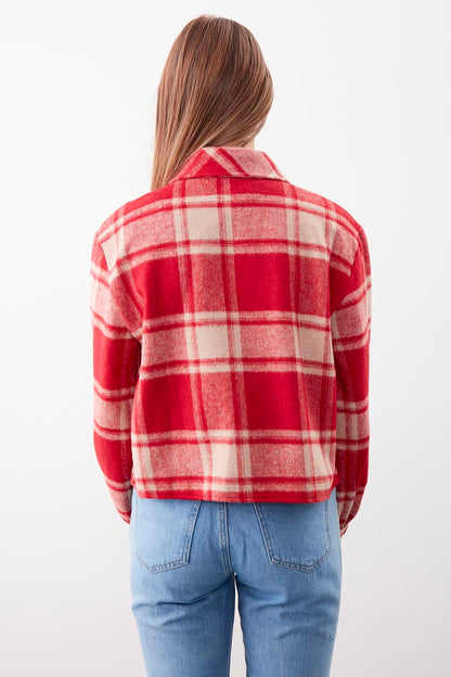 PLAID PATTERN POCKET CROP LUMBERJACK SHIRT