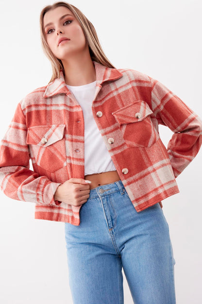 PLAID PATTERN POCKET CROP LUMBERJACK SHIRT