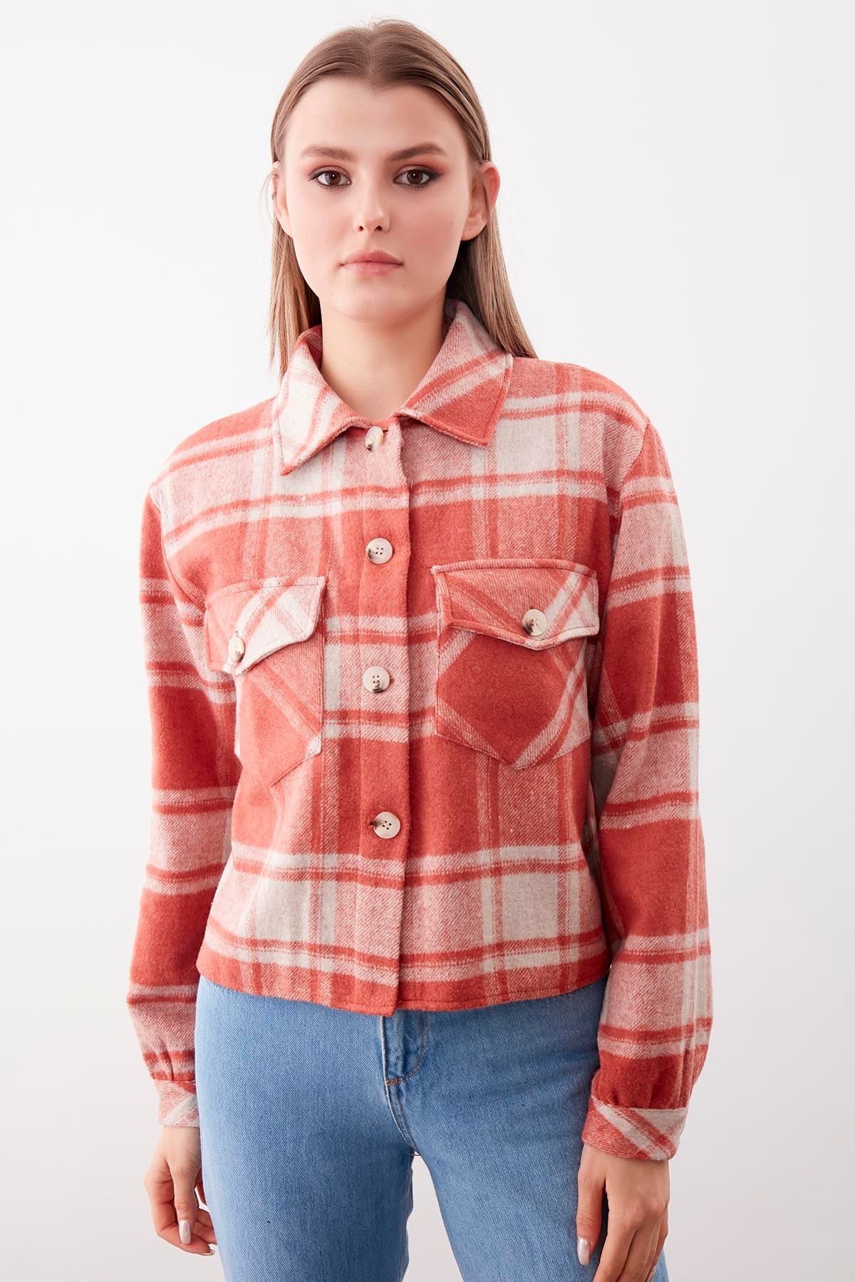 PLAID PATTERN POCKET CROP LUMBERJACK SHIRT