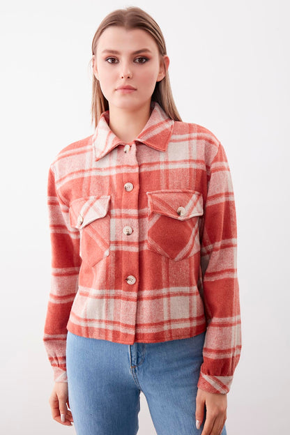 PLAID PATTERN POCKET CROP LUMBERJACK SHIRT