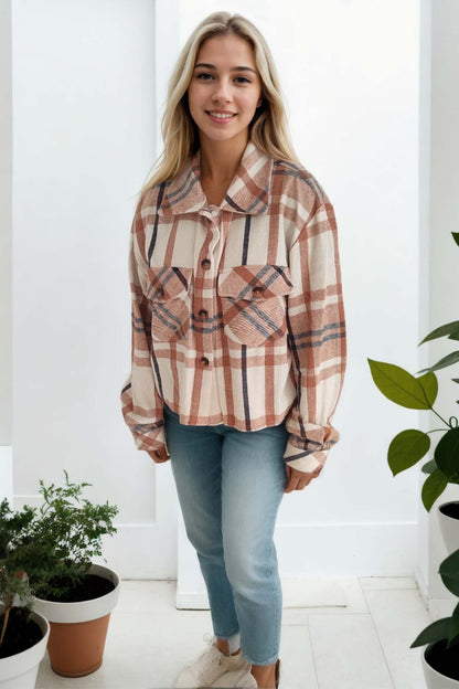 PLAID PATTERN POCKET CROP LUMBERJACK SHIRT