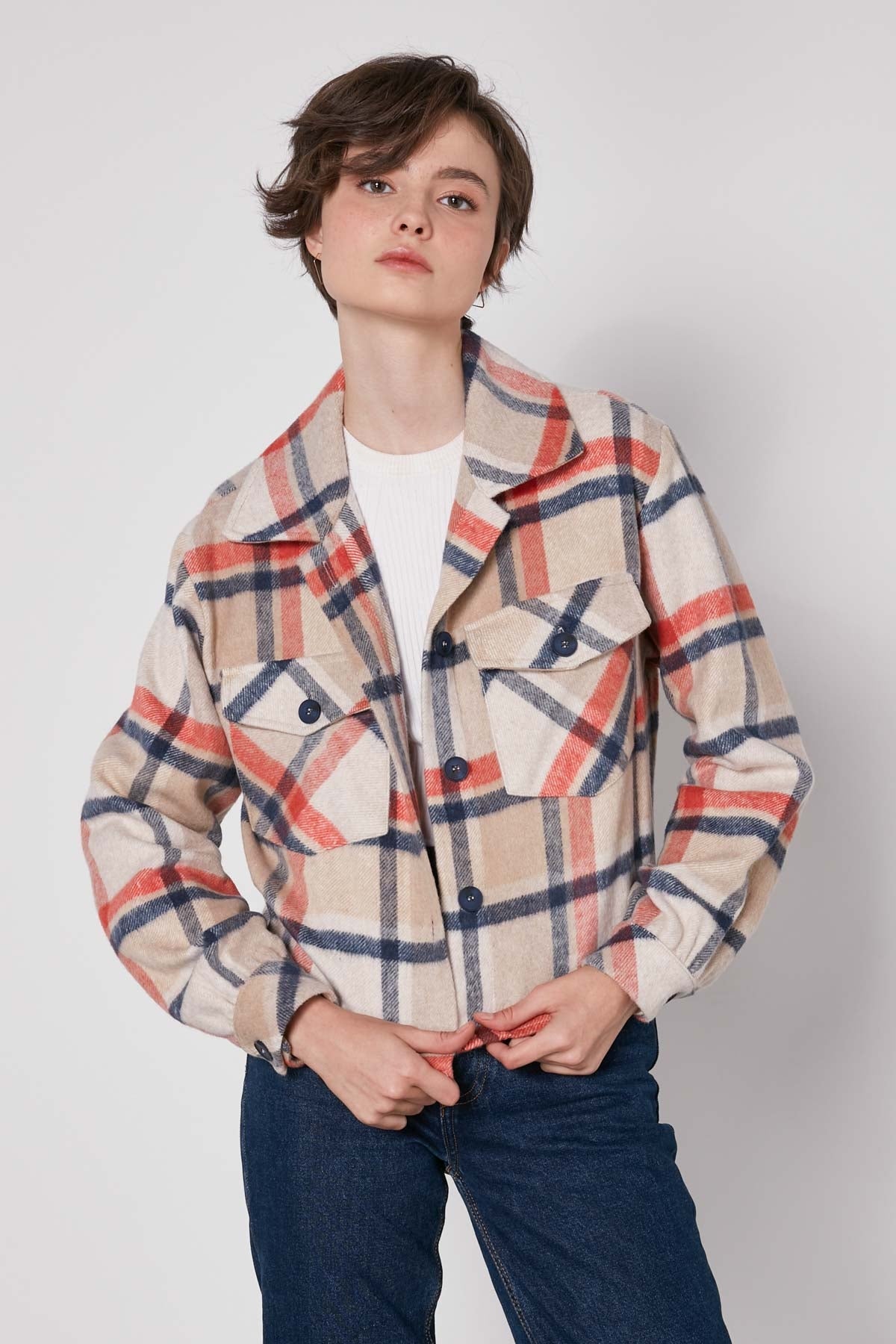 PLAID PATTERN POCKET CROP LUMBERJACK SHIRT