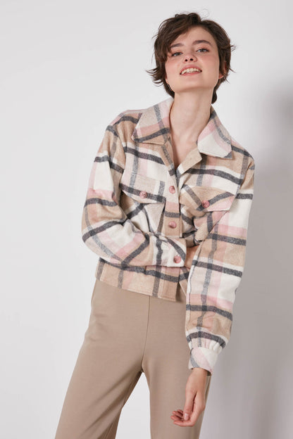 PLAID PATTERN POCKET CROP LUMBERJACK SHIRT