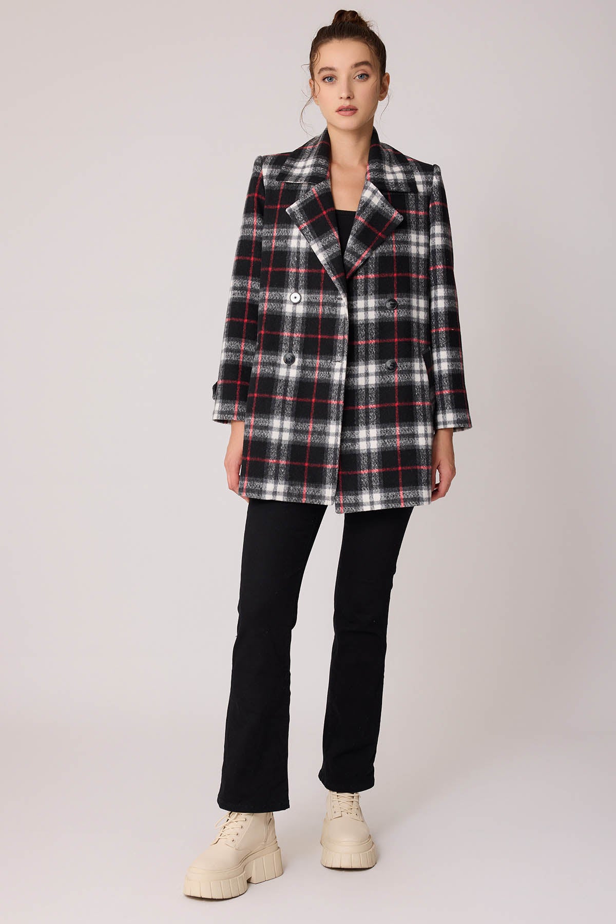 PLAID PATTERN FRONT BUTTON JACKET
