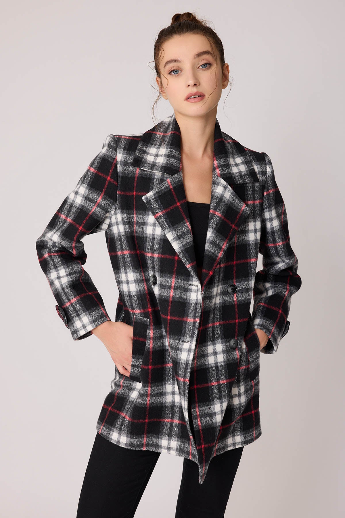 PLAID PATTERN FRONT BUTTON JACKET