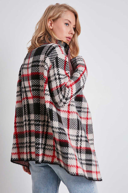 PLAID SHAWL COLLAR KNITTED CARDIGAN