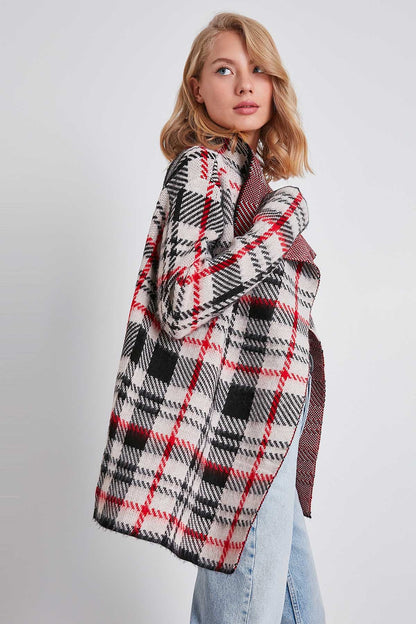 PLAID SHAWL COLLAR KNITTED CARDIGAN
