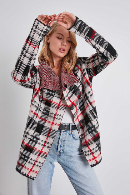 PLAID SHAWL COLLAR KNITTED CARDIGAN