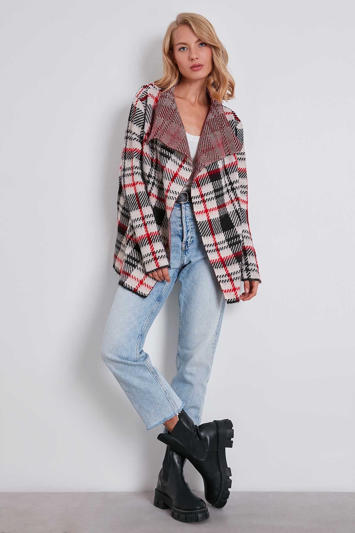 PLAID SHAWL COLLAR KNITTED CARDIGAN