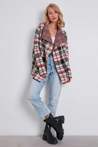 PLAID SHAWL COLLAR KNITTED CARDIGAN