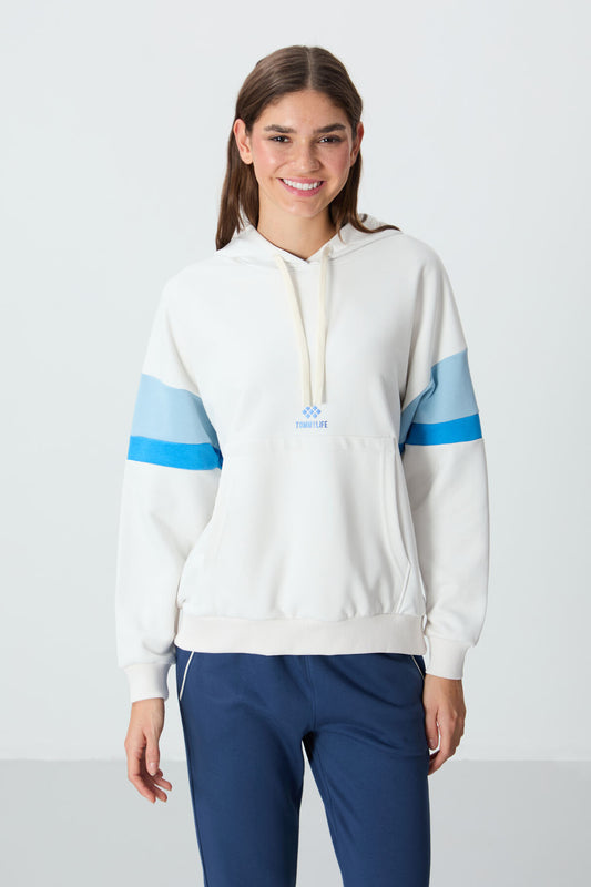 Ecru Compact Cotton Thick Smooth Textured Hooded Oversize Fit Women's Sweatshirt - 97290