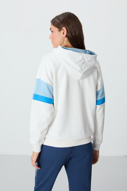 Ecru Compact Cotton Thick Smooth Textured Hooded Oversize Fit Women's Sweatshirt - 97290