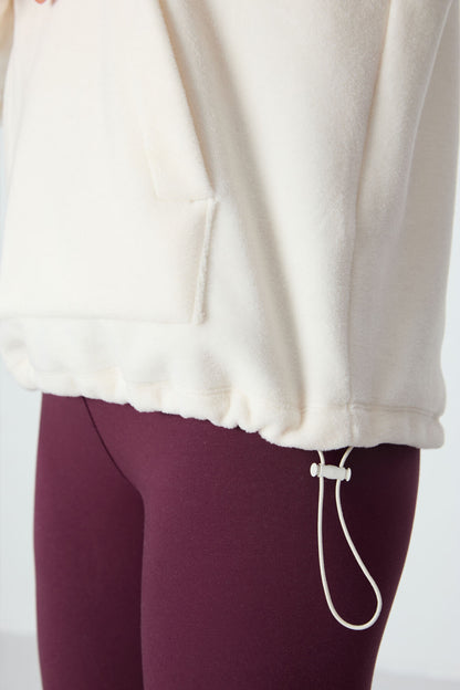 Ecru Thick Soft Textured Hooded Oversize Embroidered Fleece Women's Sweatshirt - 97292