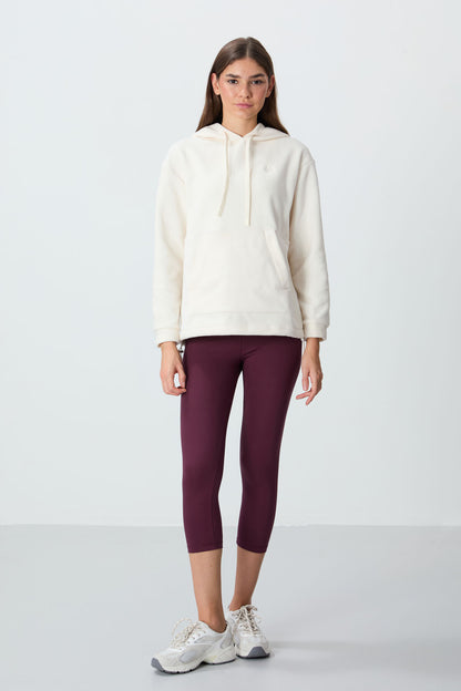 Ecru Thick Soft Textured Hooded Oversize Embroidered Fleece Women's Sweatshirt - 97292