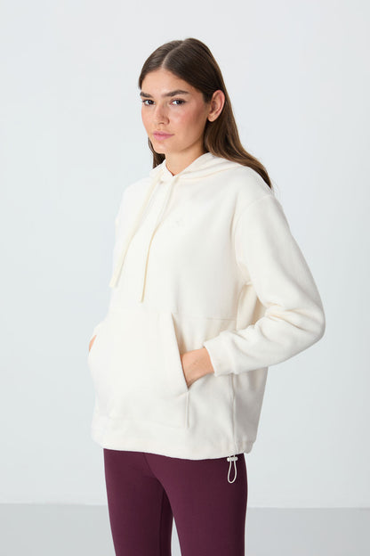 Ecru Thick Soft Textured Hooded Oversize Embroidered Fleece Women's Sweatshirt - 97292