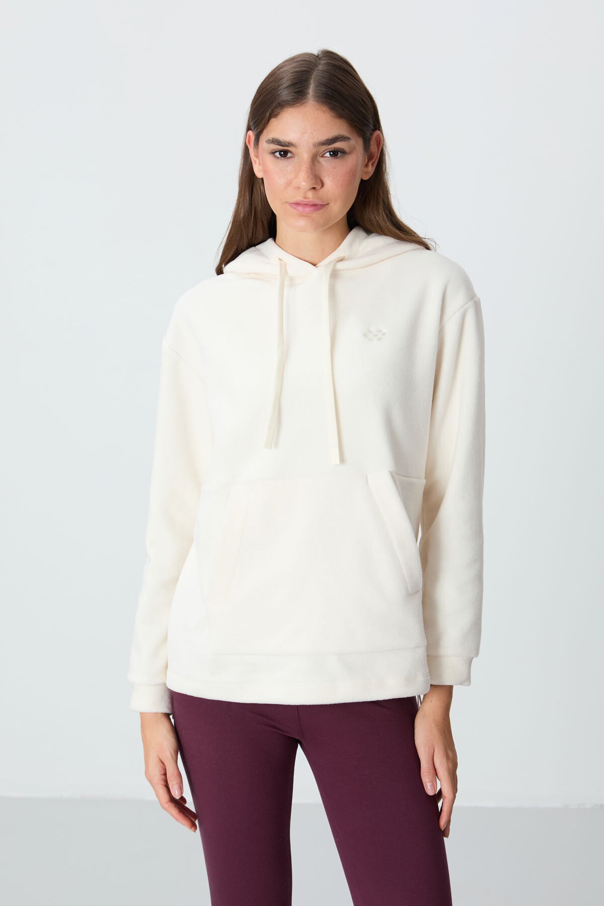Ecru Thick Soft Textured Hooded Oversize Embroidered Fleece Women's Sweatshirt - 97292