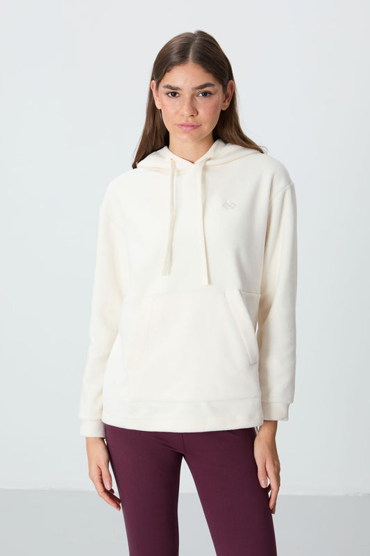 Ecru Thick Soft Textured Hooded Oversize Embroidered Fleece Women's Sweatshirt - 97292