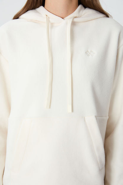 Ecru Thick Soft Textured Hooded Oversize Embroidered Fleece Women's Sweatshirt - 97292