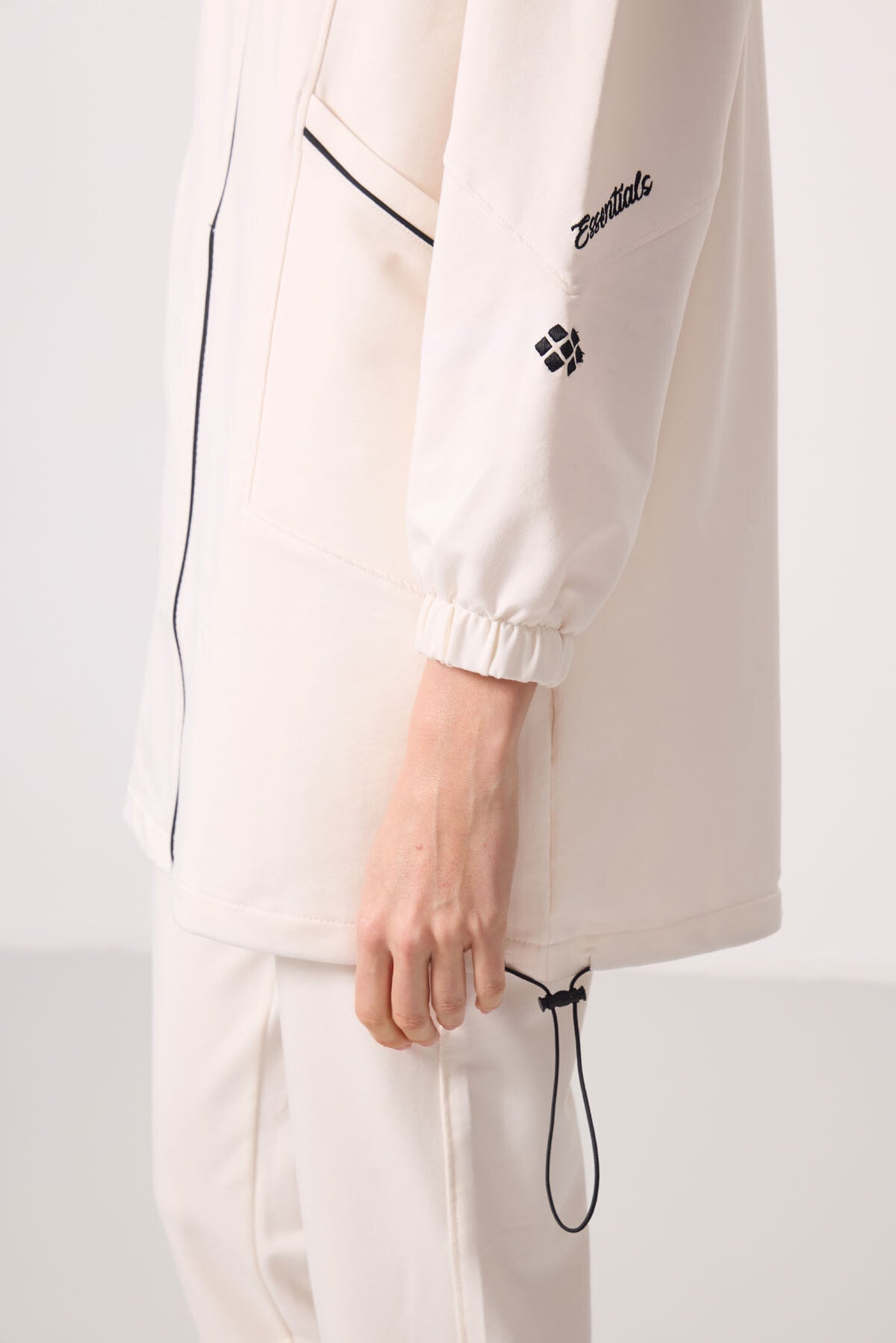 Beige High Collar Zippered Comfortable Fit Women's Tracksuit Tunic Set - 95345