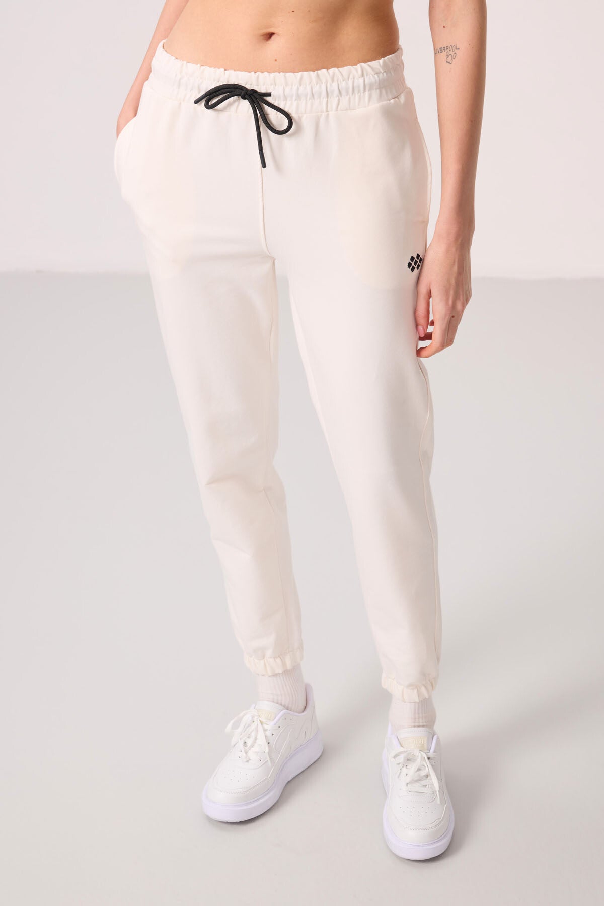 Beige High Collar Zippered Comfortable Fit Women's Tracksuit Tunic Set - 95345