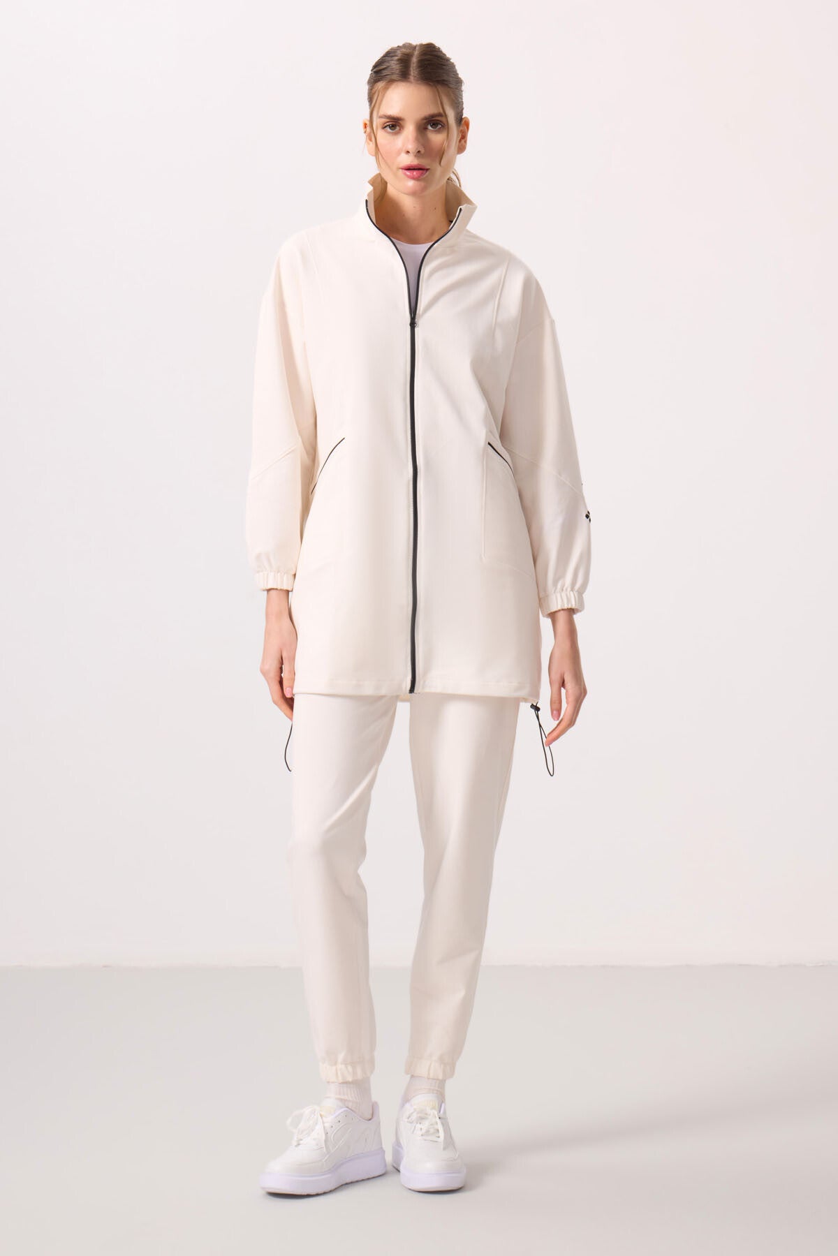 Beige High Collar Zippered Comfortable Fit Women's Tracksuit Tunic Set - 95345
