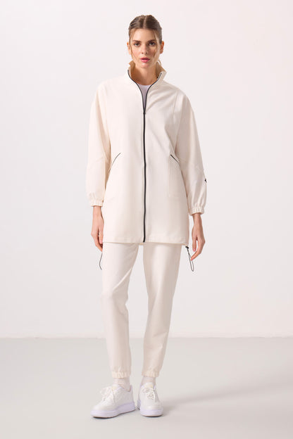Beige High Collar Zippered Comfortable Fit Women's Tracksuit Tunic Set - 95345