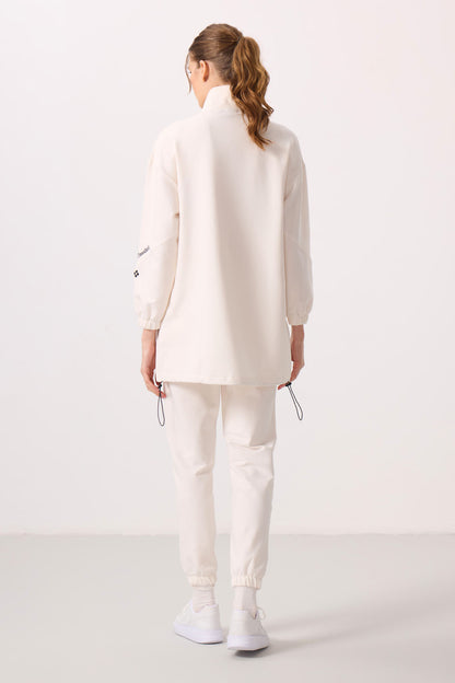 Beige High Collar Zippered Comfortable Fit Women's Tracksuit Tunic Set - 95345