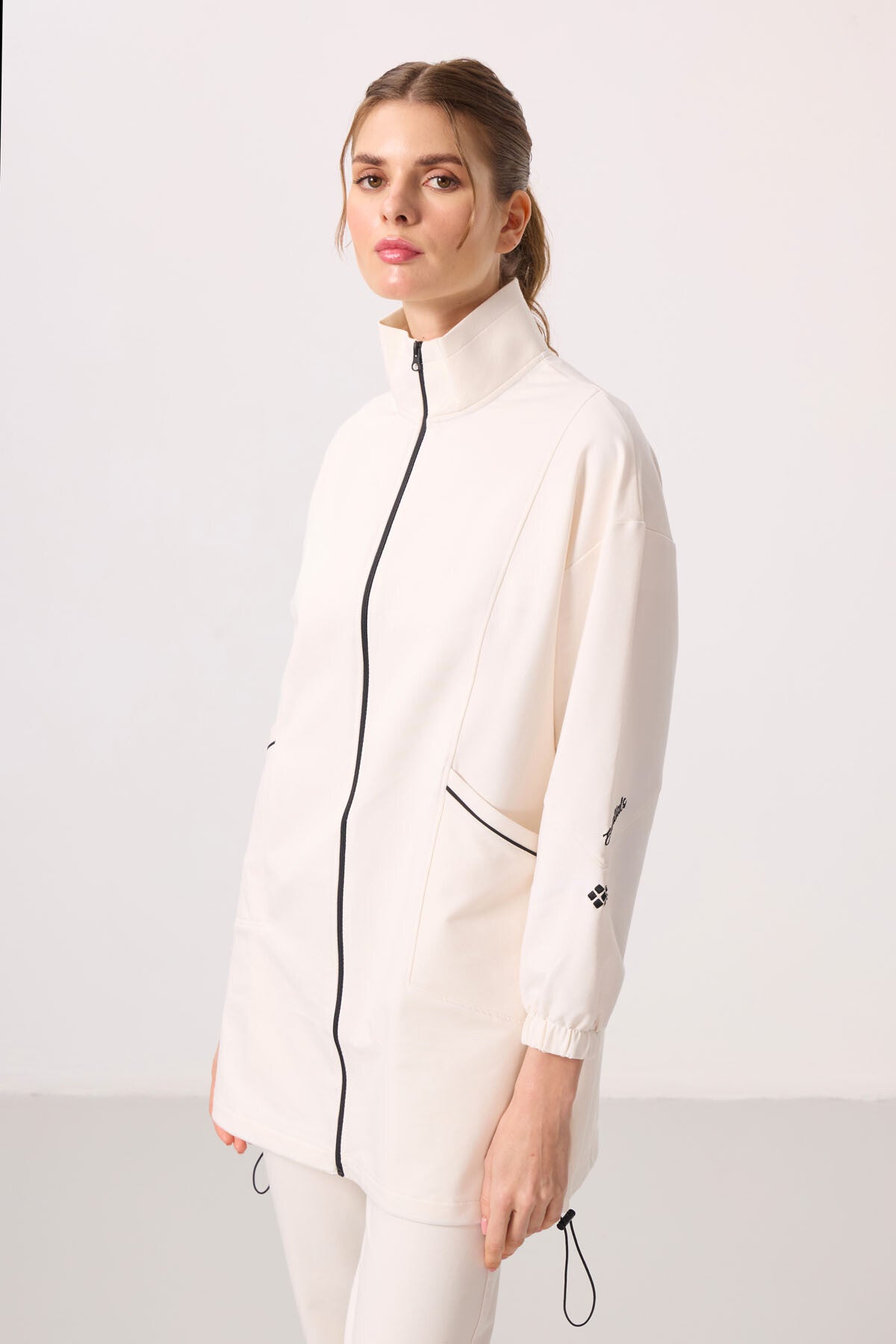 Beige High Collar Zippered Comfortable Fit Women's Tracksuit Tunic Set - 95345