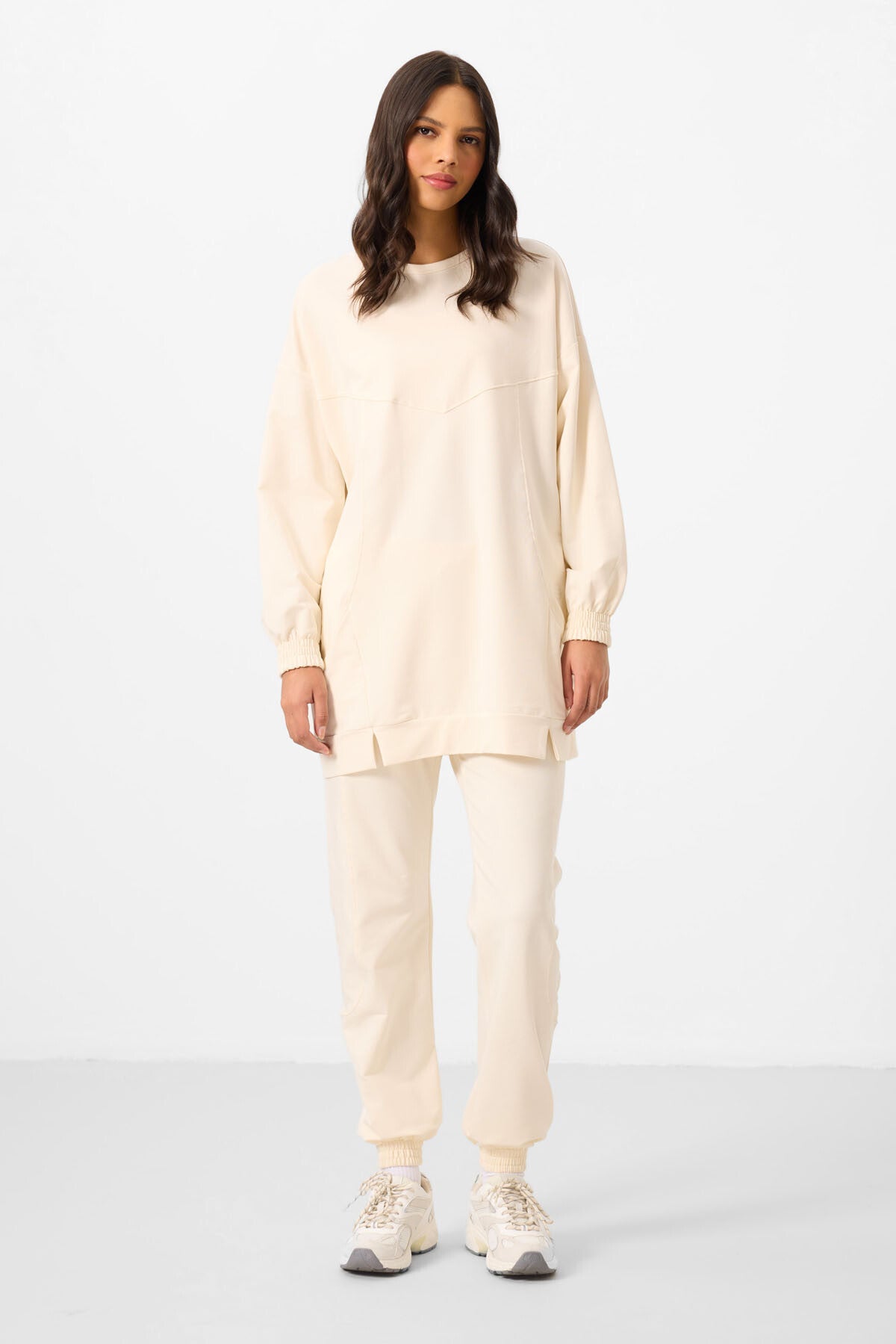 Ecru O Collar Basic Oversize Women's Tracksuit Tunic Set - 95347