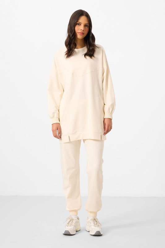 Ecru O Collar Basic Oversize Women's Tracksuit Tunic Set - 95347