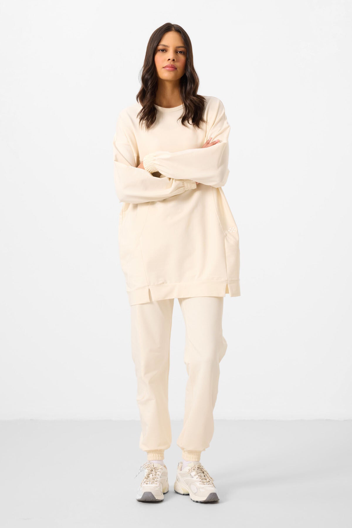 Ecru O Collar Basic Oversize Women's Tracksuit Tunic Set - 95347
