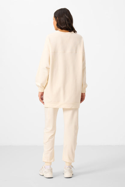 Ecru O Collar Basic Oversize Women's Tracksuit Tunic Set - 95347