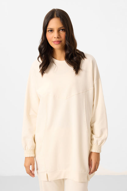 Ecru O Collar Basic Oversize Women's Tracksuit Tunic Set - 95347