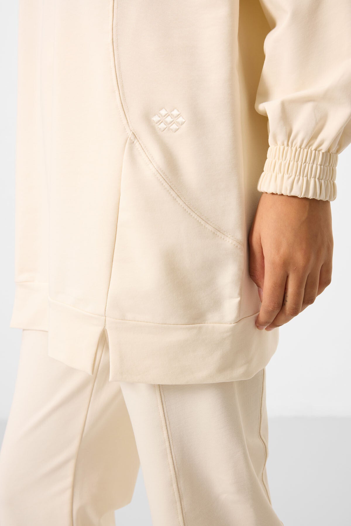 Ecru O Collar Basic Oversize Women's Tracksuit Tunic Set - 95347