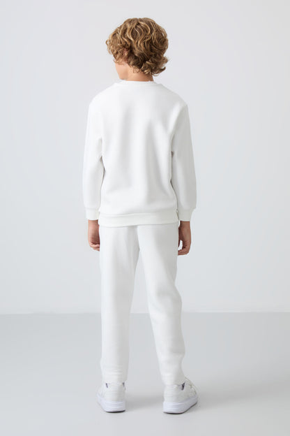 Ecru Cotton Thick Fleece-Lined Soft Textured Standard Fit Printed Boys' Tracksuit Set - 11233