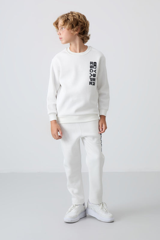 Ecru Cotton Thick Fleece-Lined Soft Textured Standard Fit Printed Boys' Tracksuit Set - 11233