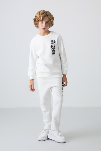 Ecru Cotton Thick Fleece-Lined Soft Textured Standard Fit Printed Boys' Tracksuit Set - 11233